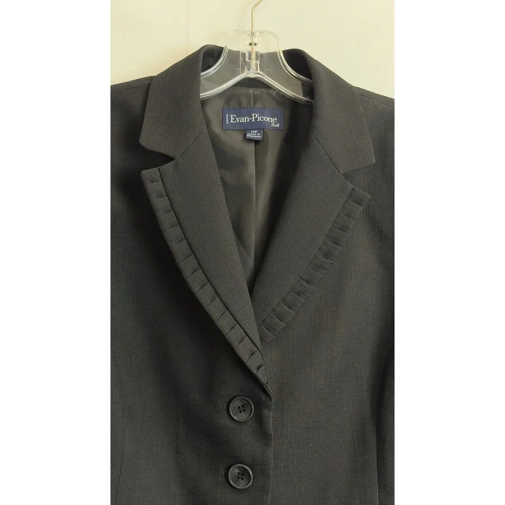 Evan-Picone Black Textured‎ Ruffle Trim Blazer Jacket Petite 14P Professional